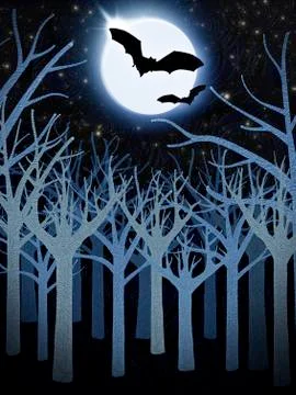 Blue forest and full moon with bats Stock Illustration