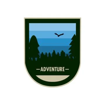 Blue Forest Concave Shield Adventure Badge Design 스톡 일러스트