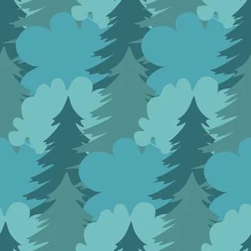 Blue forest seamless pattern, dense pine forest and deciduous trees, vector i Stock Illustration