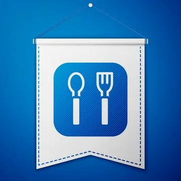 Blue Fork and spoon icon isolated on blue background. Cooking utensil. Cutl.. Stock Illustration