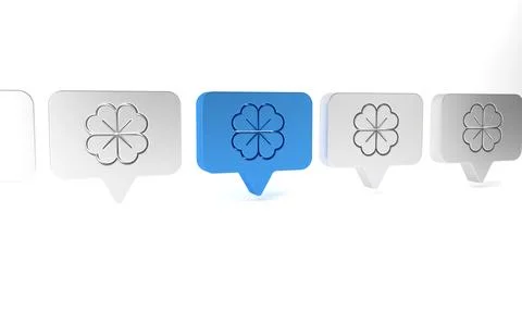 Blue Four leaf clover in speech bubble icon isolated on white background. H.. Stock Illustration