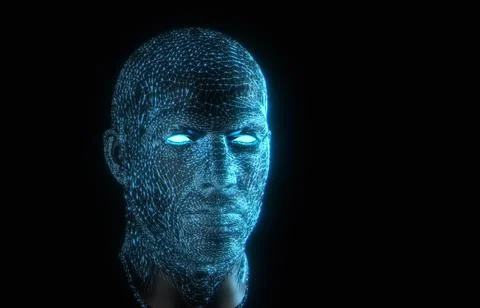 Blue fragment abstract human head and face, 3d rendering of a cyborg head con Stock Illustration