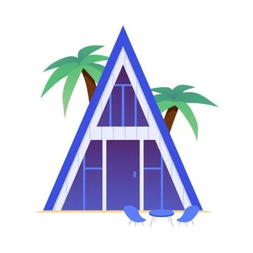 Blue a-frame bungalow with panoramic windows and palm trees, vector cartoon Stock-Illustration