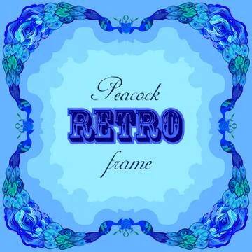 Blue frame with painted peacocks and retro label Stock Illustration