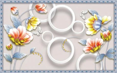 Blue frame, texture background, white rings, large yellow and pink water lilies Stock Illustration