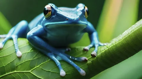 Blue Frog Balancing on Leaf in Slow Motion 4K Video stock 275215976