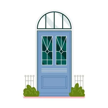 Blue front door with arched window for home entrance exterior and entry from Illustrazione stock