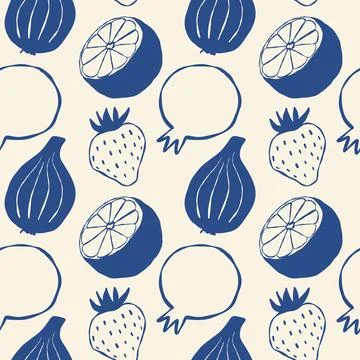 Blue fruit outline pattern repeating, featuring handdrawn strawberry, fig and Stock Illustration