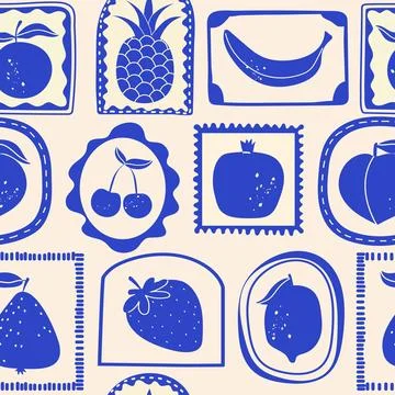 Blue fruit stamp frames seamless pattern. Naive hand drawn cobalt blue frui.. Stock Illustration