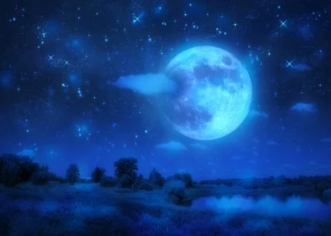 Blue full moon over night river Ilustração Stock