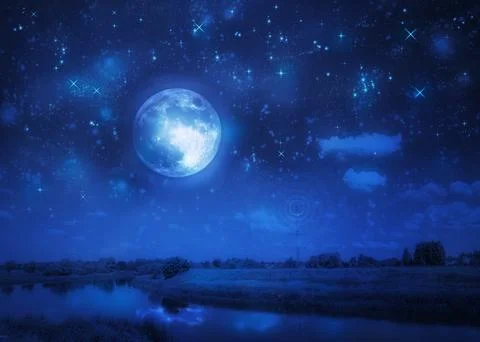 Blue full moon over night river Ilustração Stock