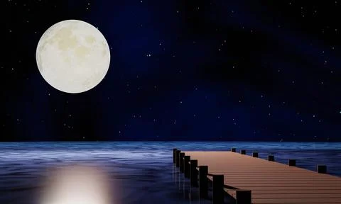 The blue full moon is reflected in the sea. A wave of water from the ocean to Ilustração Stock