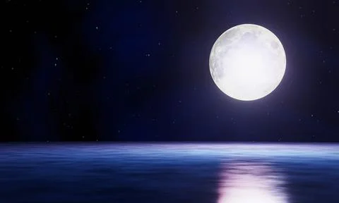 The blue full moon is reflected in the sea. A wave of water from the ocean to Stock Illustration