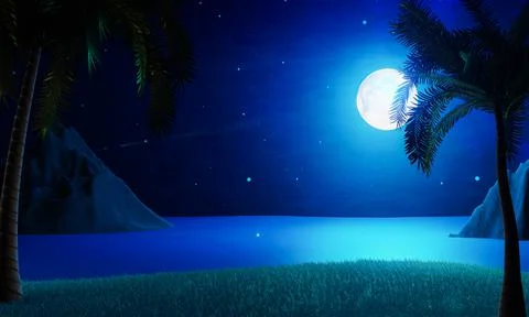 The blue full moon is reflected in the sea. A wave of water from the ocean to Stock Illustration