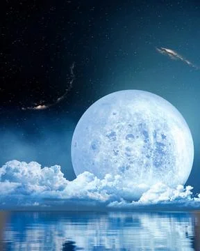 The blue full moon is reflected in the sea. A wave of water from the ocean .. Stock Illustration