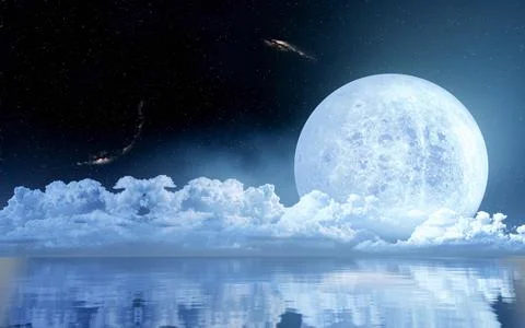 The blue full moon is reflected in the sea. A wave of water from the ocean to Stock Illustration