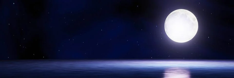 The blue full moon is reflected in the sea. A wave of water from the ocean .. Stock Illustration