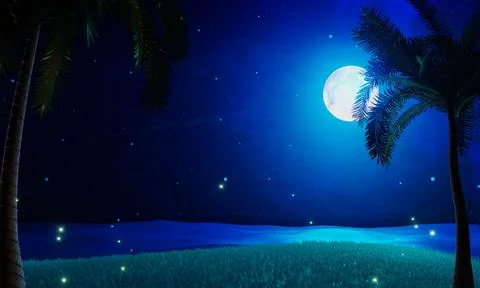 The blue full moon is reflected in the sea. A wave of water from the ocean .. Stock Illustration