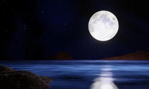 The blue full moon is reflected in the sea. A wave of water from the ocean .. Stock Illustration