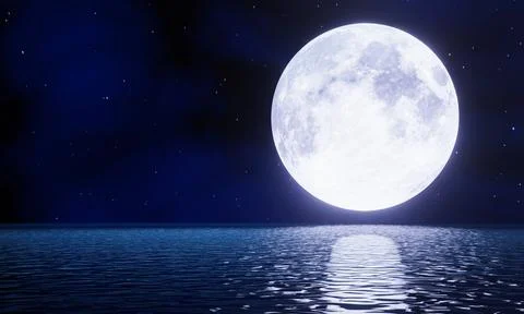 The blue full moon is reflected in the sea. A wave of water from the ocean .. Stock Illustration