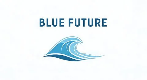 Blue future text above stylized blue ocean wave on white background symboli.. Stock Illustration