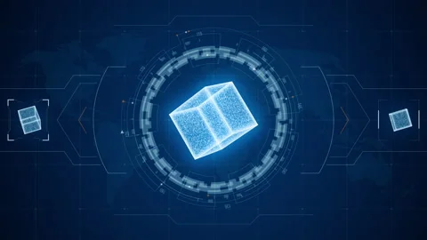 Blue futuristic cube with HUD UI technology interface screen abstract background Stock Footage 201018080