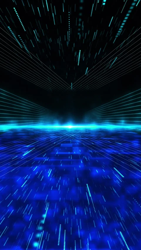 Blue futuristic data corridor glowing side lines, pixel floor, central horizon f Stock Footage 340479638