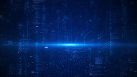 Blue futuristic data grid interface glowing flare, code panels, digital dots, an Stock Footage 340470609