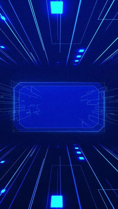Blue futuristic data tunnel frame glowing rectangular HUD window, speed lines, d Stock Footage 340571043