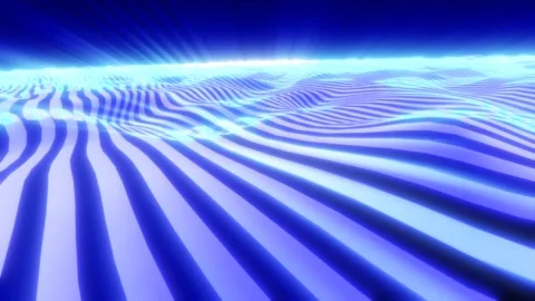Blue futuristic data wave field with glowing striped terrain, bright horizo.. Stock Footage 341388716