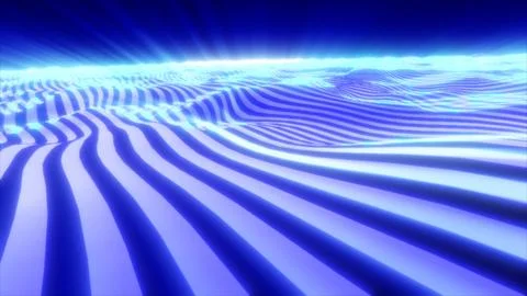 Blue futuristic data wave field with glowing striped terrain, bright horizo.. 스톡 일러스트