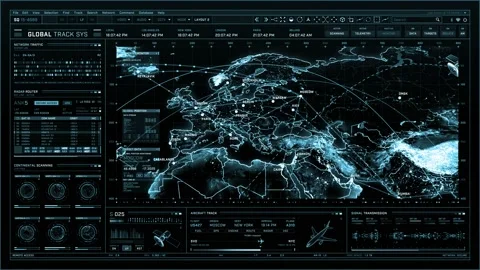 Blue futuristic digital interface screen. Extremely detailed global map Stock Footage 141603400