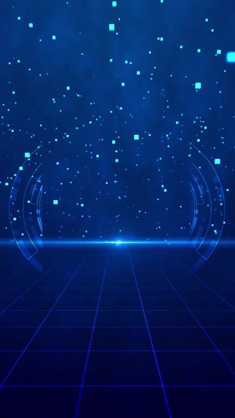 Blue futuristic grid stage background glowing floor lines, floating particles, c Stock Footage 340526775