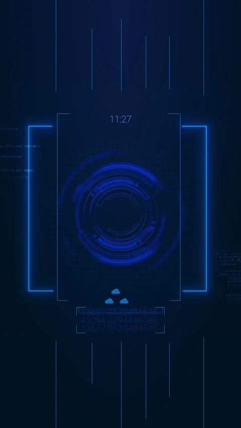 Blue futuristic HUD code interface glowing panels, circular scanner, programming Stock Footage 340557420