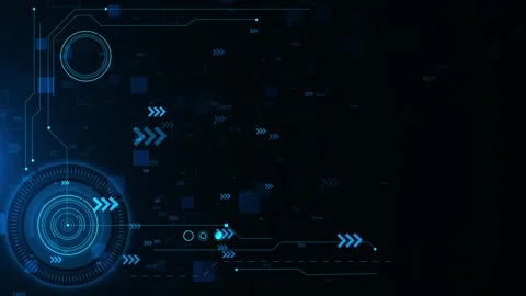 Blue futuristic HUD data interface background glowing circular radar, arrows, nu Stock Footage 340409411