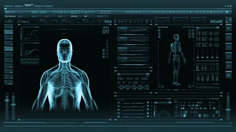 Blue futuristic Interface showing analysis of human male anatomy scan with Stock Footage 146553476
