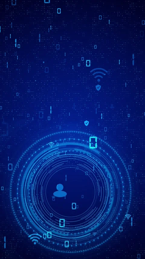 Blue futuristic network circle HUD rings, data symbols, interface detail. teleco Stock Footage 340411094