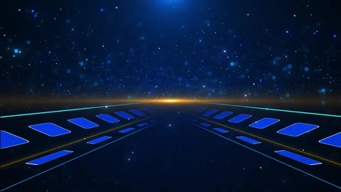 Blue futuristic runway platform background glowing lane markers, star particles, Stock Footage 340469238