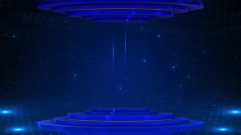 Blue futuristic stage platform background glowing podium, hexagon wall, soft par Stock Footage 340409992