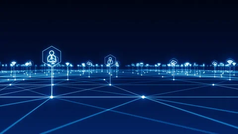 Blue futuristic technology icon network connection abstract background Stockbeeldmateriaal 158069402