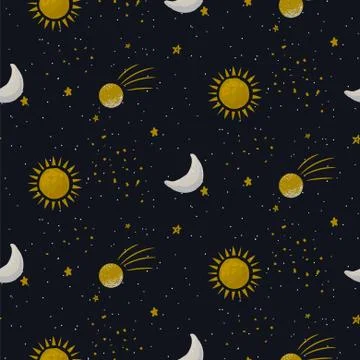 Blue galaxy seamless vector pattern background with sun, planets and star cosmic Stock Illustration