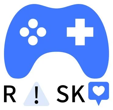 Blue game controller with buttons above the word RISK, which includes a warni Illustrazione stock