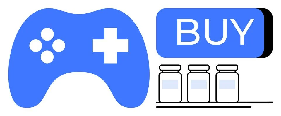 Blue game controller with buttons next to a BUY button above three medicine b Stock Illustration