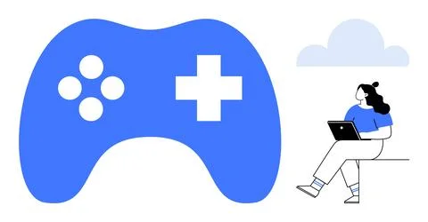 Blue game controller with buttons, person using a laptop, cloud shape above.  Illustrazione stock