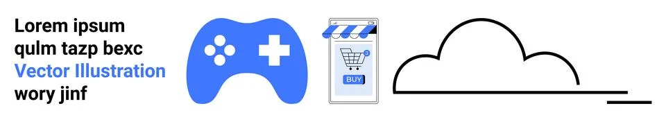 Blue game controller with buttons, shopping bag with a download icon, and bla Stock Illustration