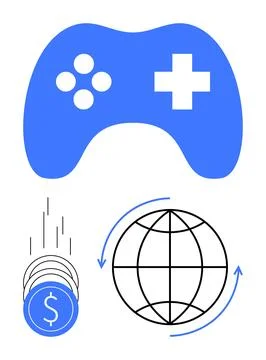 Blue Game Controller with Digital Currency Signs and Global Connectivity Ar.. Stock Illustration