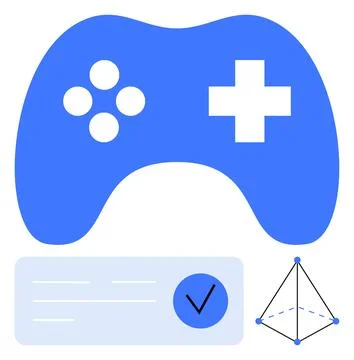 Blue game controller with interface panel, checkmark, and geometric shape f.. イラスト素材