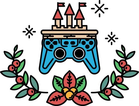 A blue game controller is on top of a castle and a leafy border Stock Illustration