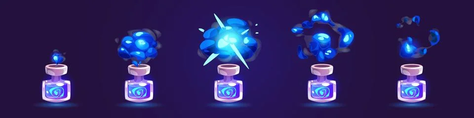 Blue game elixir bottle and cloud animation sprite Stock Illustration
