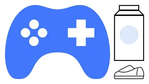 Blue gaming controller with buttons, milk carton, and a slipper. Ideal for ga Illustrazione stock